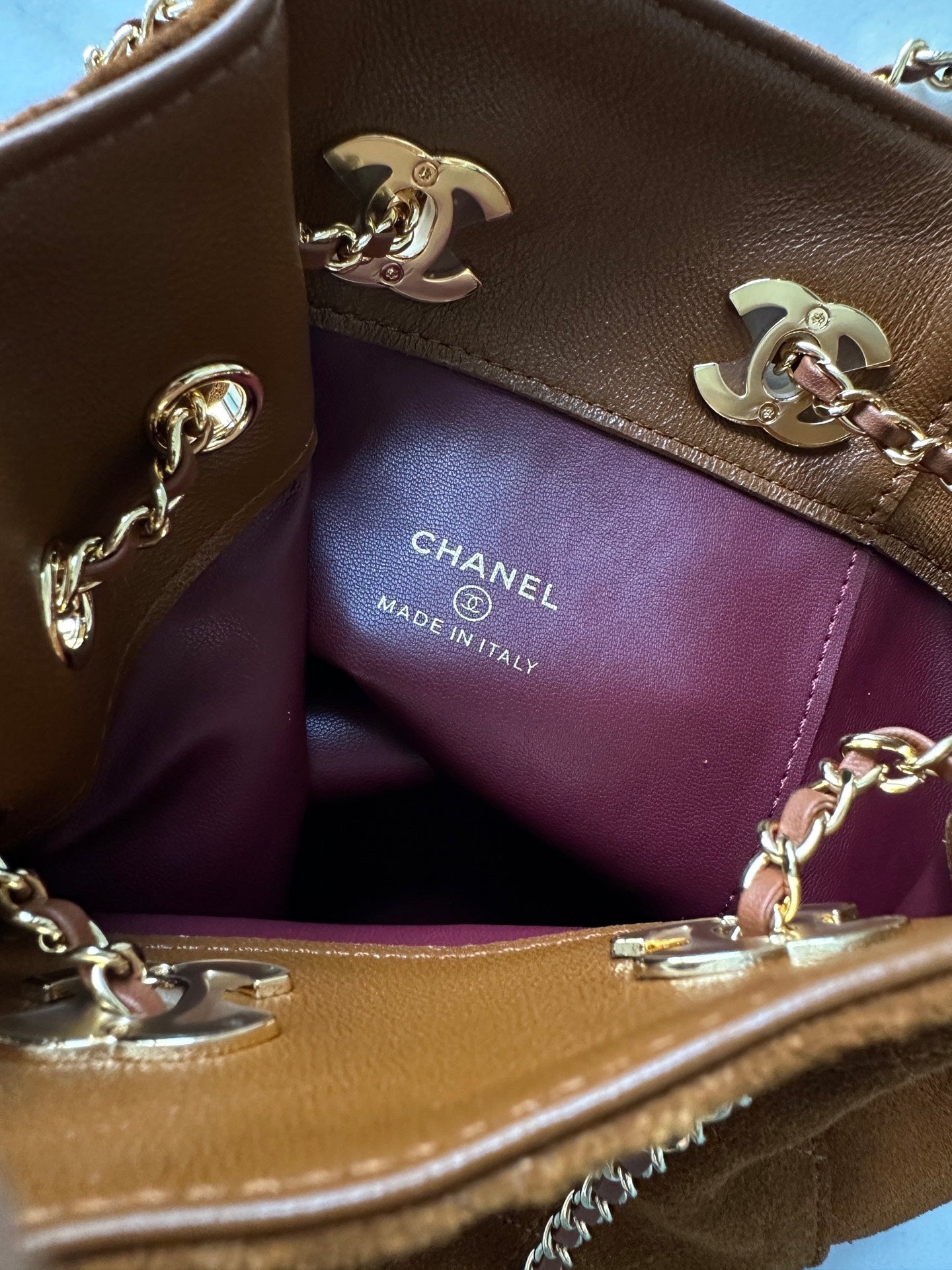 CHANEL 26S MINI BUCKET BAG 18 IN CARAMEL BROWN QUILTED SUEDE GOLD HARDWARE