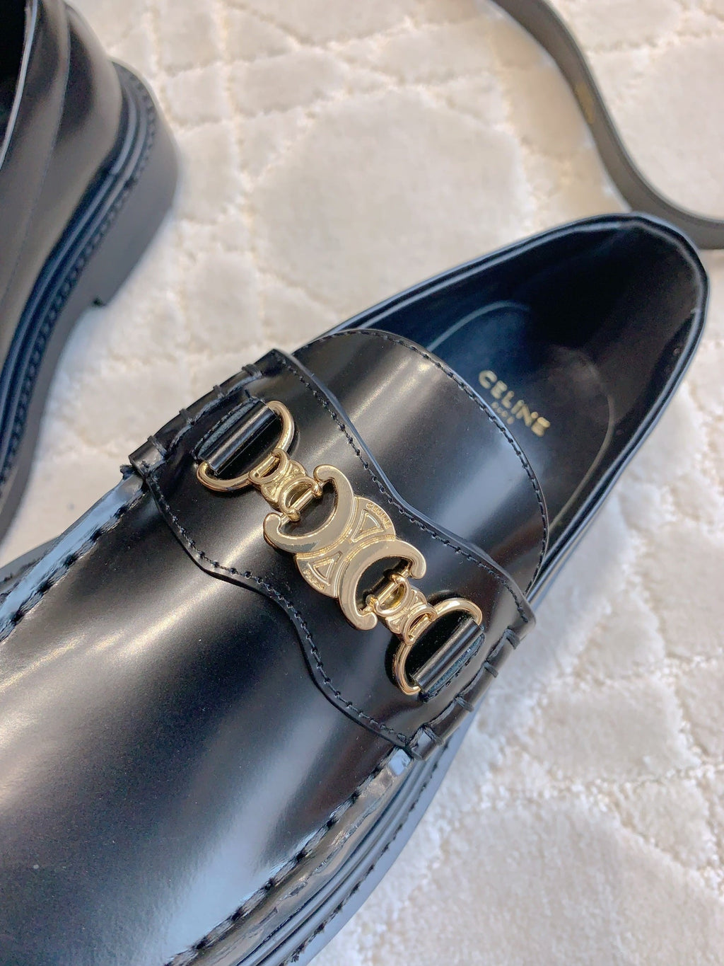 CELINE 25S ARC DE TRIOMPHE LOAFERS IN BLACK SHINY CALFSKIN GOLD HARDWARE
