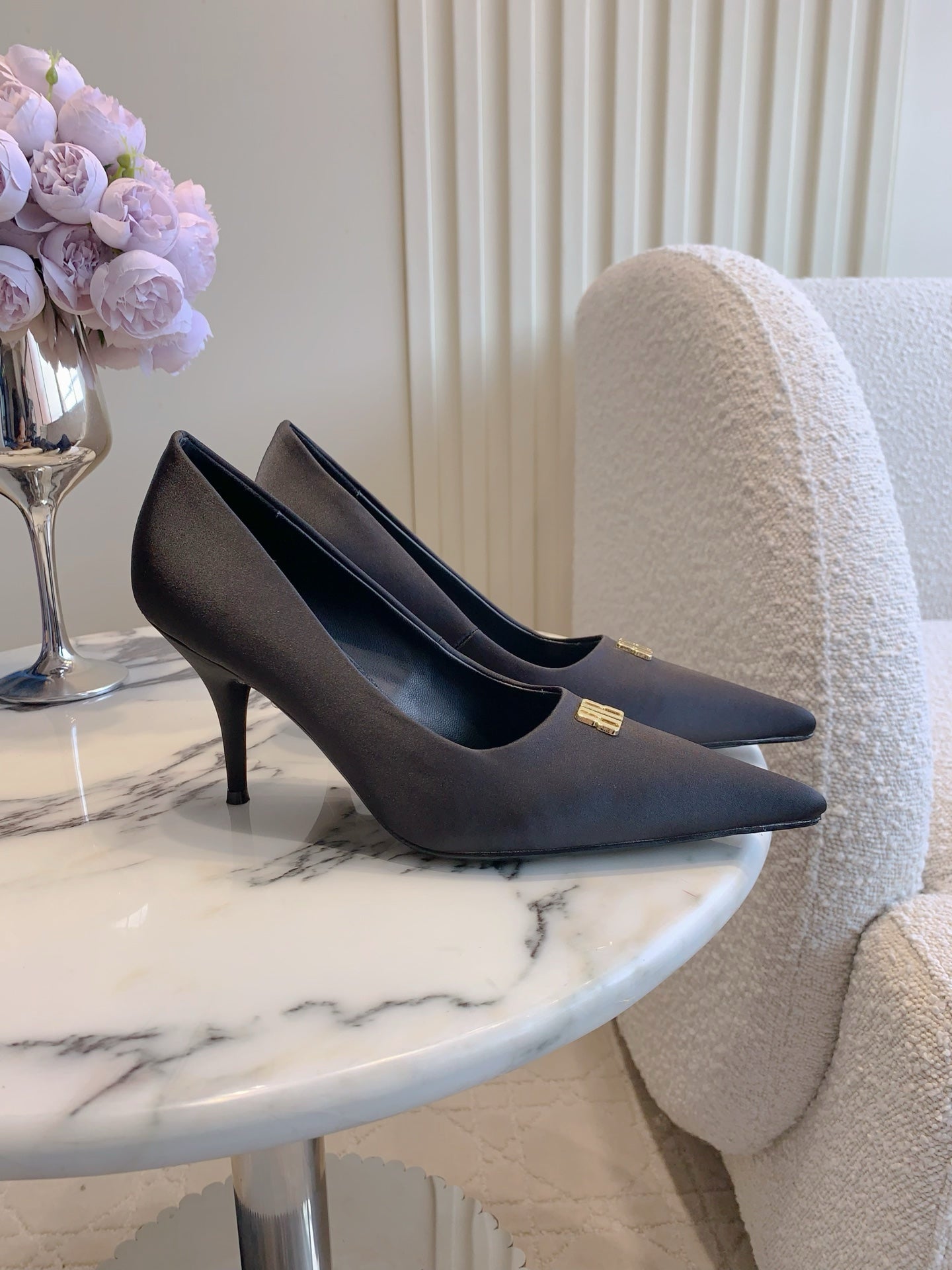 BALENCIAGA 25S POINTED-TOE HIGH HEELS 70 MM IN BLACK SATIN WITH GOLD HARDWARE