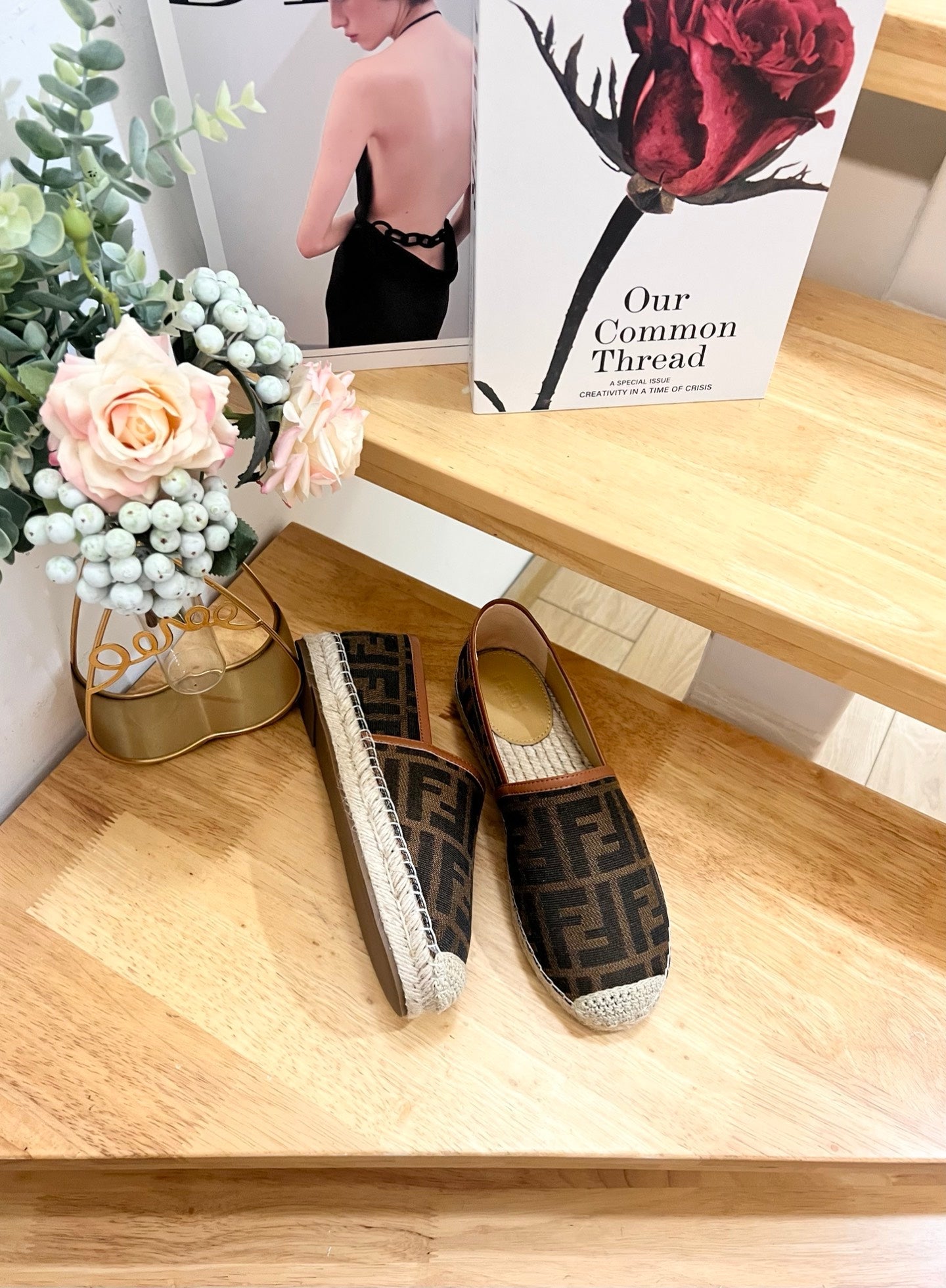 FENDI 26S ESPADRILLE LOAFERS IN DARK BROWN CANVAS STYLE 4