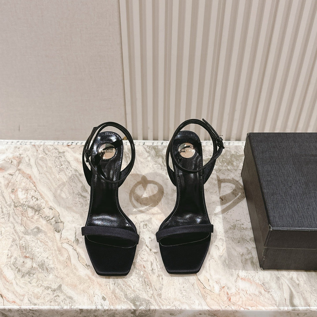 YSL 25S HIGH-HEEL SANDALS 100 MM IN BLACK SATIN