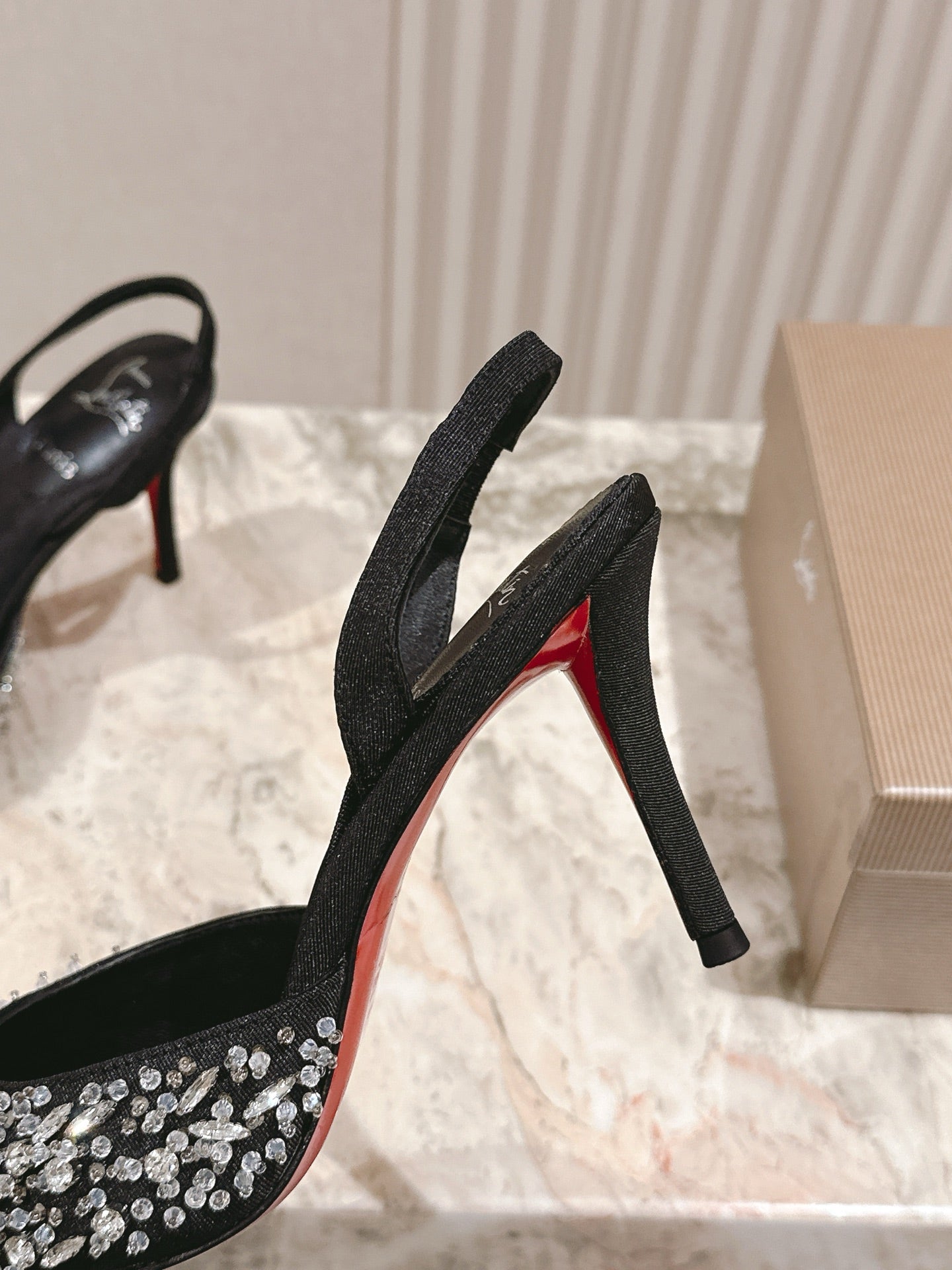 EMBELLISHED QUEENISSIMA SLINGBACK PUMPS 95MM IN BLACK GLITTER CALFSKIN