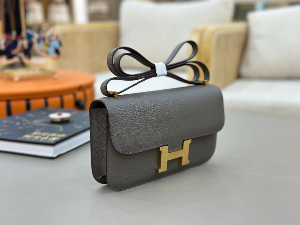 HM 25S CONSTANCE ELAN 24 CM IN DARK GREY EPSOM WITH GOLD HARDWARE