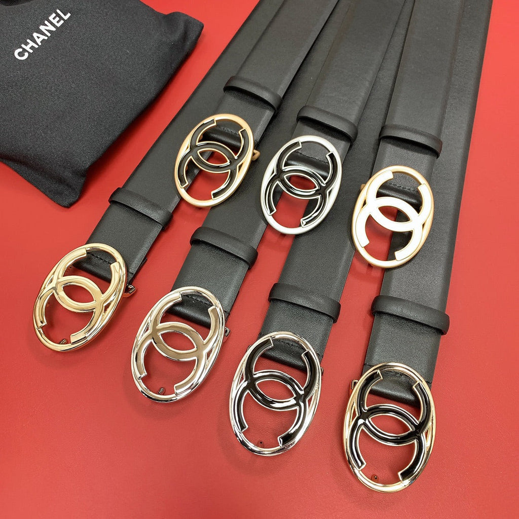 CC 40 MM CIRCLE BUCKLE BELT IN BLACK CALFSKIN WITH GOLD MIX WHITE HARDWARE
