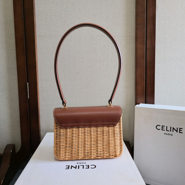 CELINE 25S TEEN GARANCE BAG 18 IN WICKER AND CARAMEL BROWN CALFSKIN