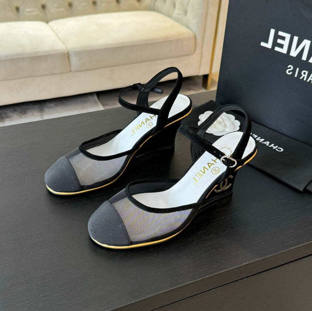 Waterproof Platform High Heels Transparent Heel Mesh  Black