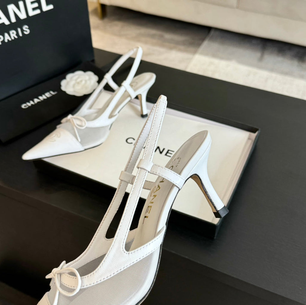MESH LOGO SLINGBACKS IN WHITE LAMBSKIN