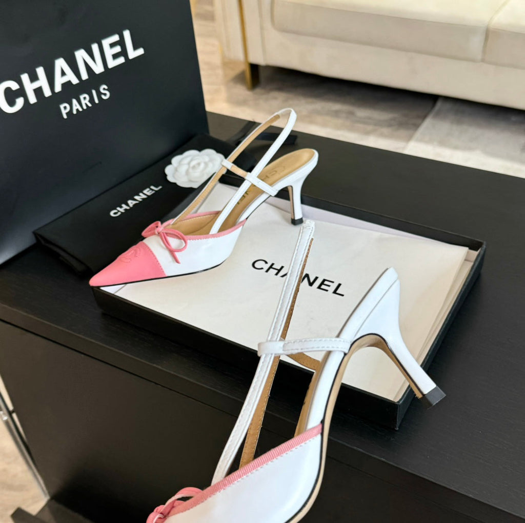 SLINGBACK WITH BOW IN LIGHT PINK MIX WHITE LAMBSKIN