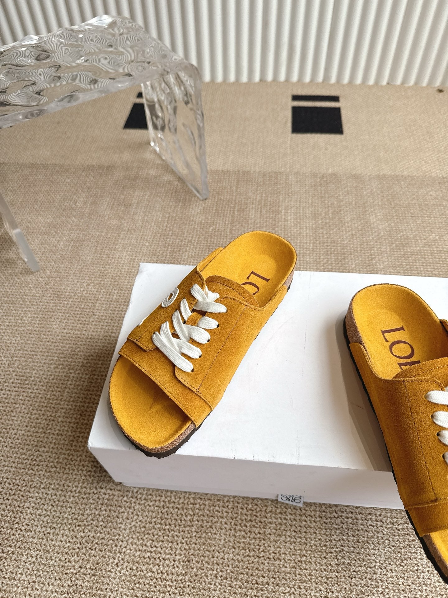 LOEWE 26S LACE-UP FLAT SLIDES IN MUSTARD YELLOW SUEDE