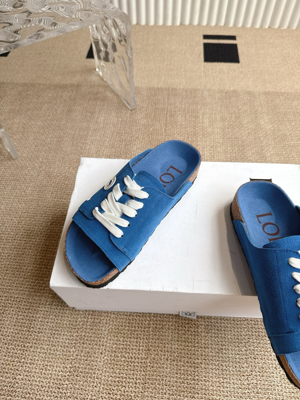 LOEWE 26S LACE-UP FLAT SLIDES IN BLUE SUEDE