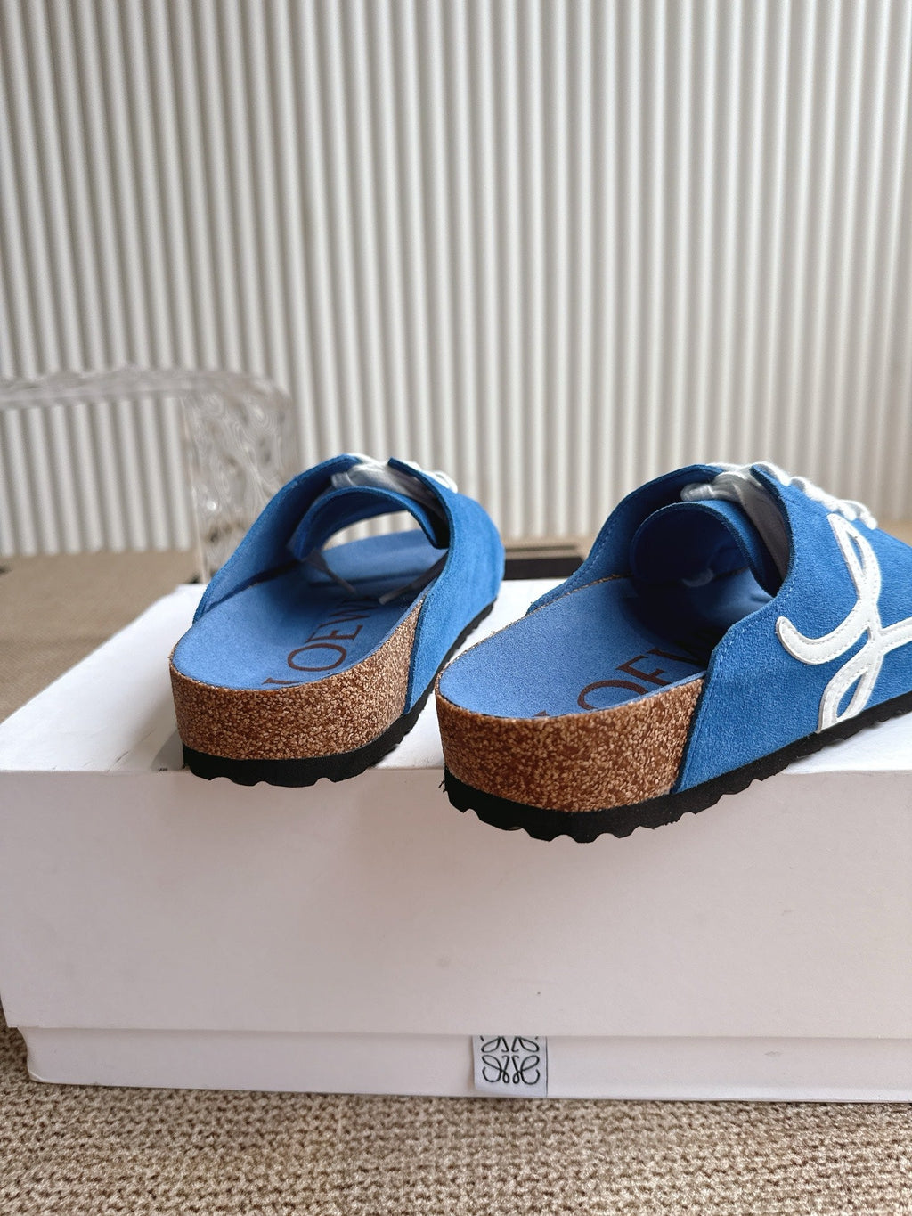 LOEWE 26S LACE-UP FLAT SLIDES IN BLUE SUEDE