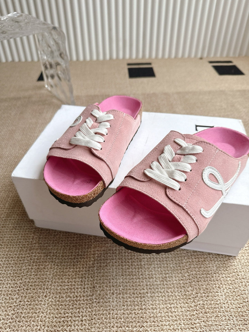 LOEWE 26S LACE-UP FLAT SLIDES IN PINK SUEDE