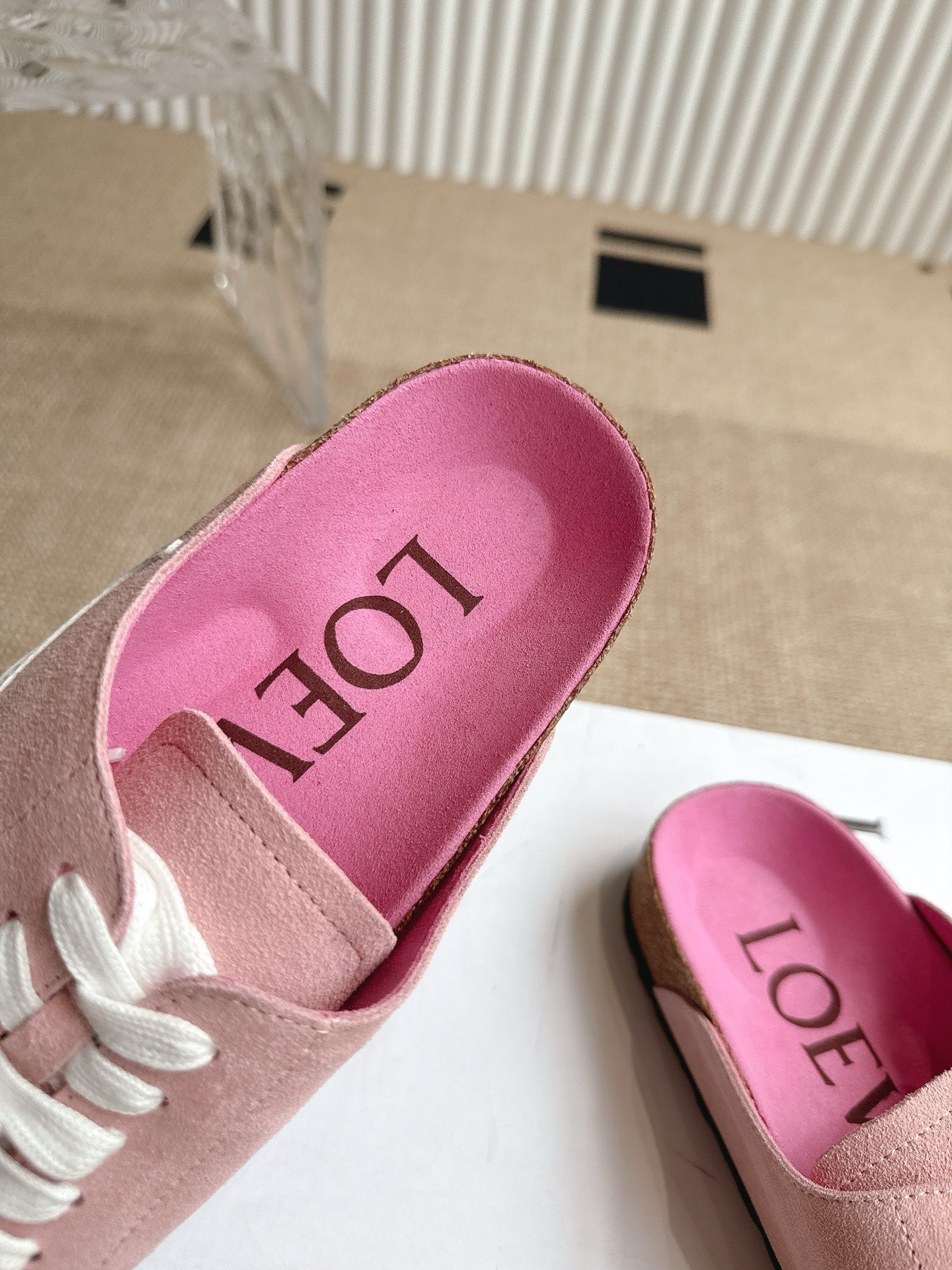 LOEWE 26S LACE-UP FLAT SLIDES IN PINK SUEDE