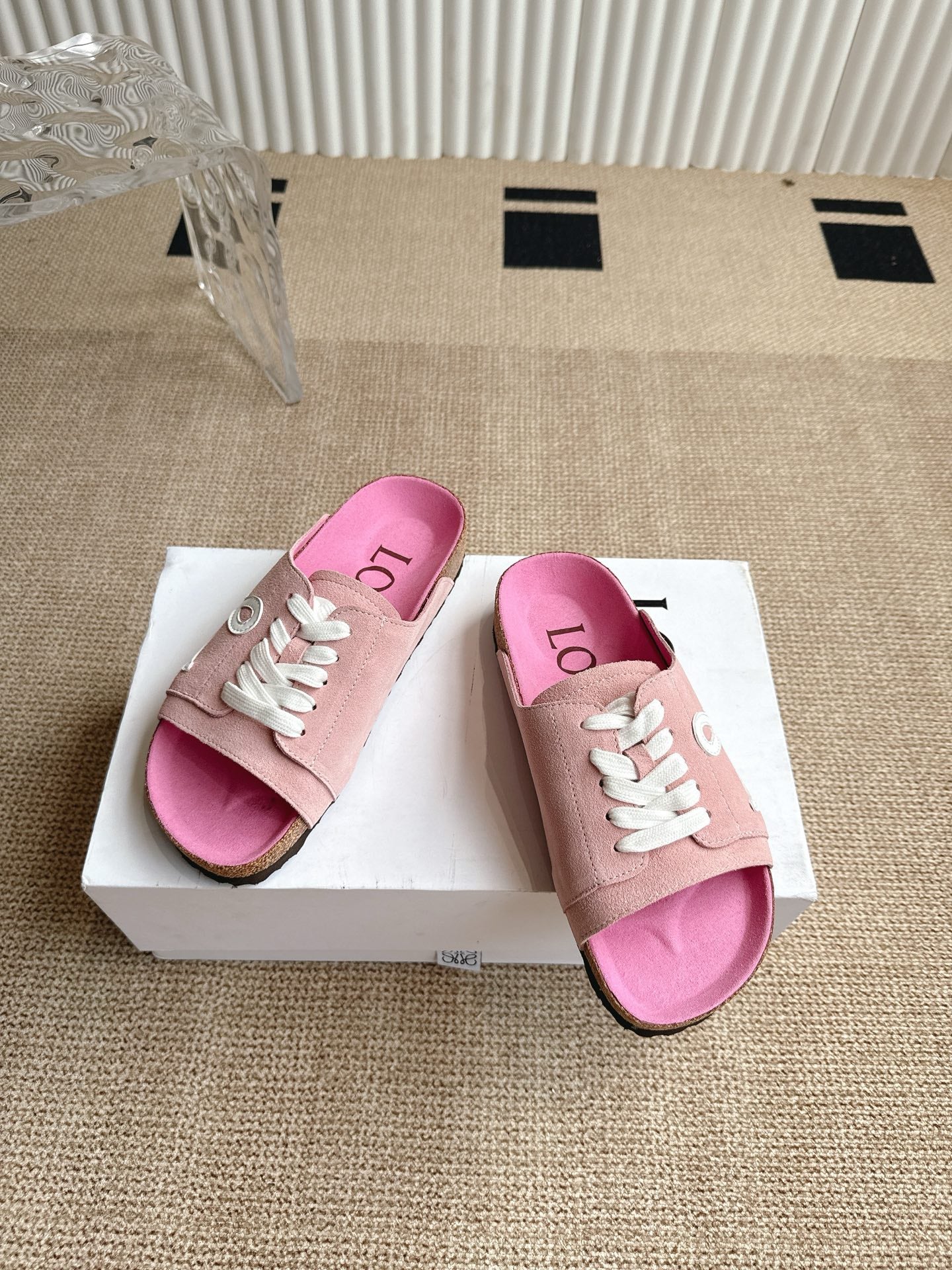 LOEWE 26S LACE-UP FLAT SLIDES IN PINK SUEDE