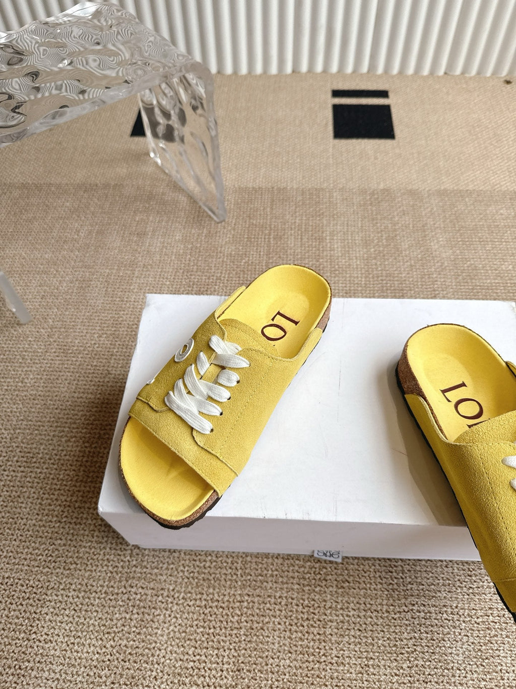 LOEWE 26S LACE-UP FLAT SLIDES IN YELLOW SUEDE