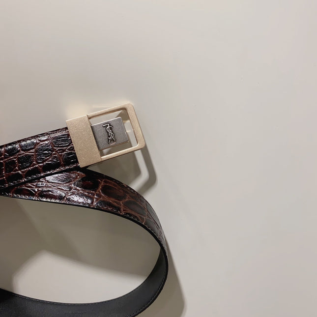 YSL 25S BELT 30 MM IN DARK BROWN EMBOSSED CALFSKIN 520631
