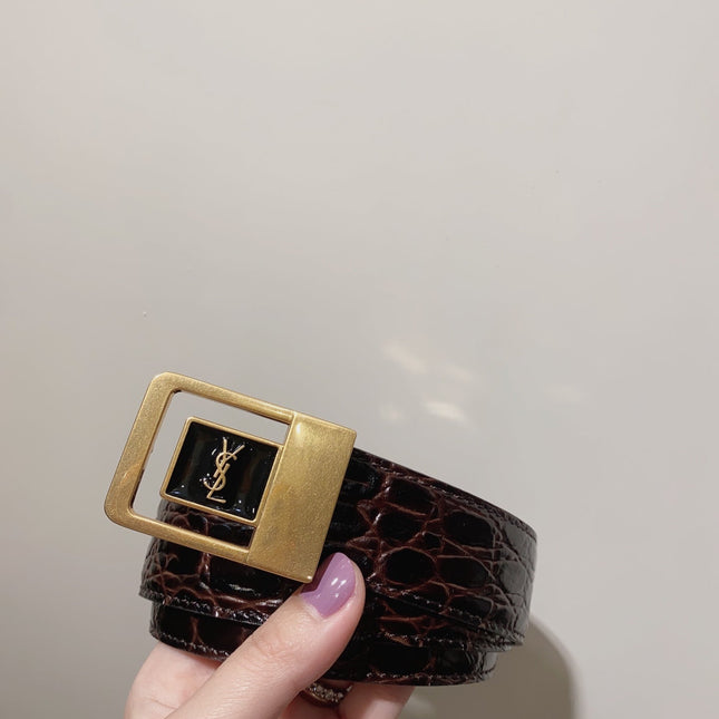 YSL 25S BELT 30 MM IN DARK BROWN EMBOSSED CALFSKIN 520632