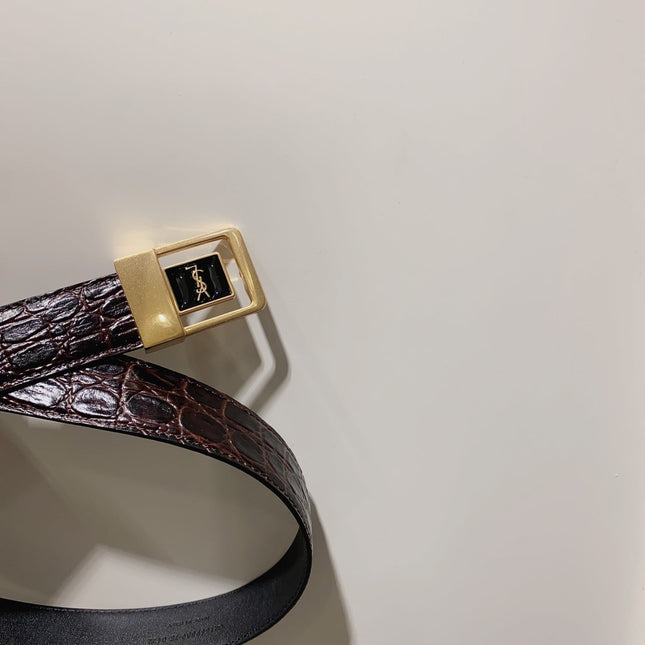 YSL 25S BELT 30 MM IN DARK BROWN EMBOSSED CALFSKIN 520632