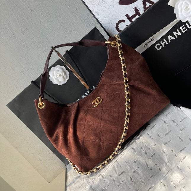 CHANEL 25S HOBO BAG 33 IN DARK BROWN SUEDE WITH GOLD HARDWARE