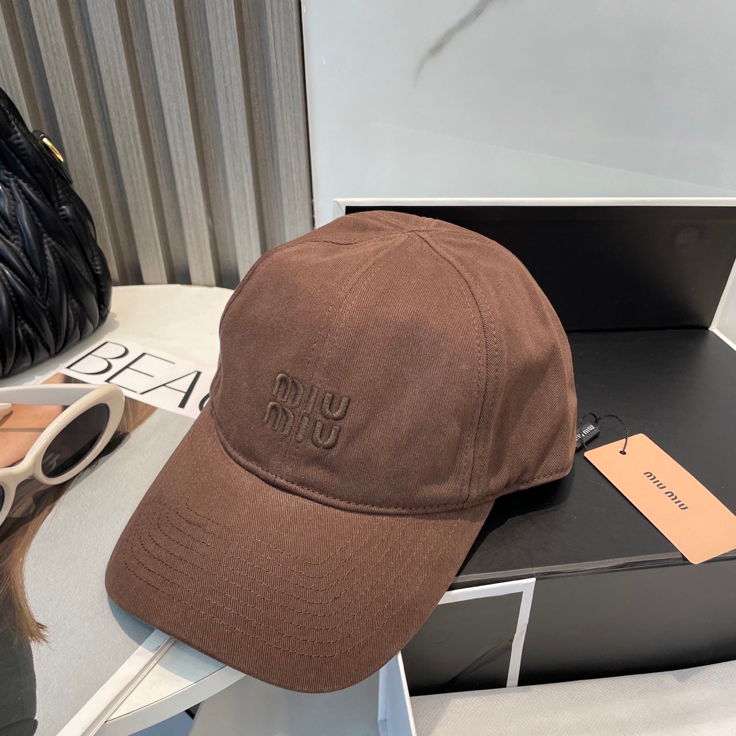 MIUMIU BASEBALL CAP IN BROWN ORANGE FABRIC BRAND EMBROIDERY