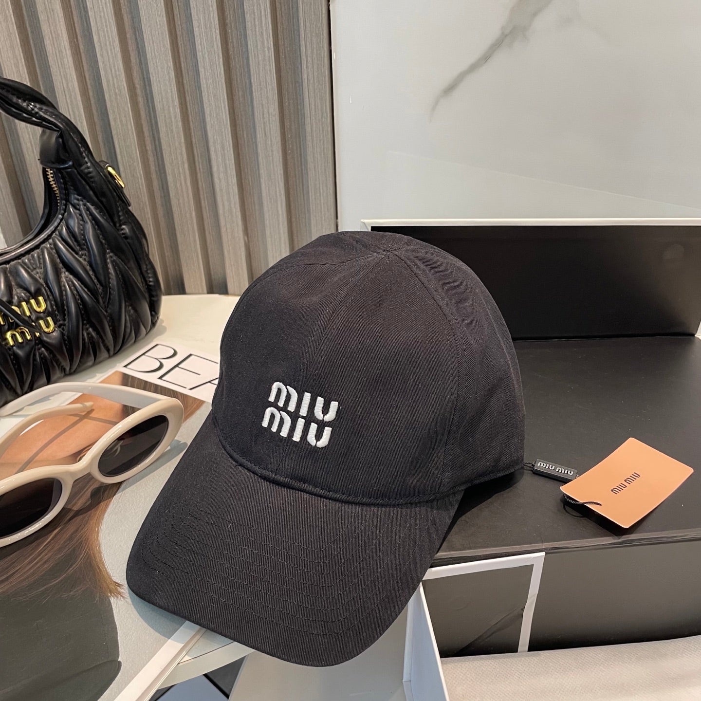 MIUMIU BASEBALL CAP IN BLACK FABRIC BRAND EMBROIDERY