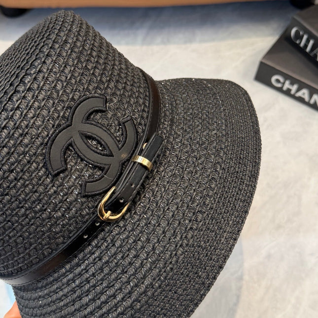 CHANEL 26S FLAT-BRIM STRAW HAT WITH RAISED CC LOGO 338106