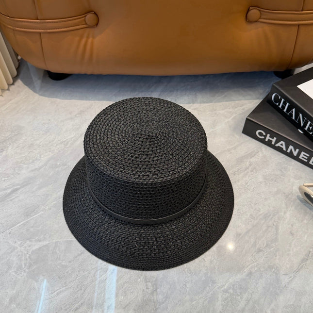 CHANEL 26S FLAT-BRIM STRAW HAT WITH RAISED CC LOGO 338106
