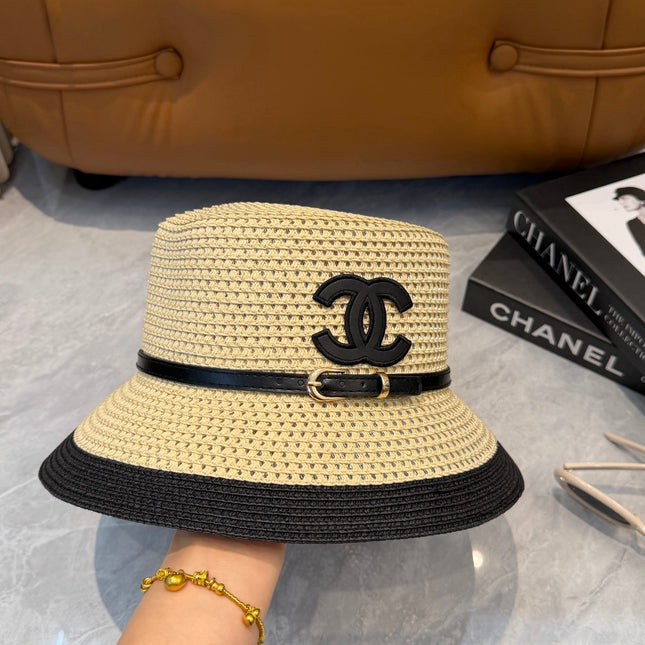 CHANEL 26S FLAT-BRIM STRAW HAT WITH RAISED CC LOGO 338107