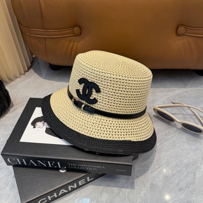 CHANEL 26S FLAT-BRIM STRAW HAT WITH RAISED CC LOGO 338107