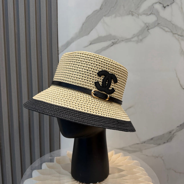 CHANEL 26S FLAT-BRIM STRAW HAT WITH RAISED CC LOGO 338107