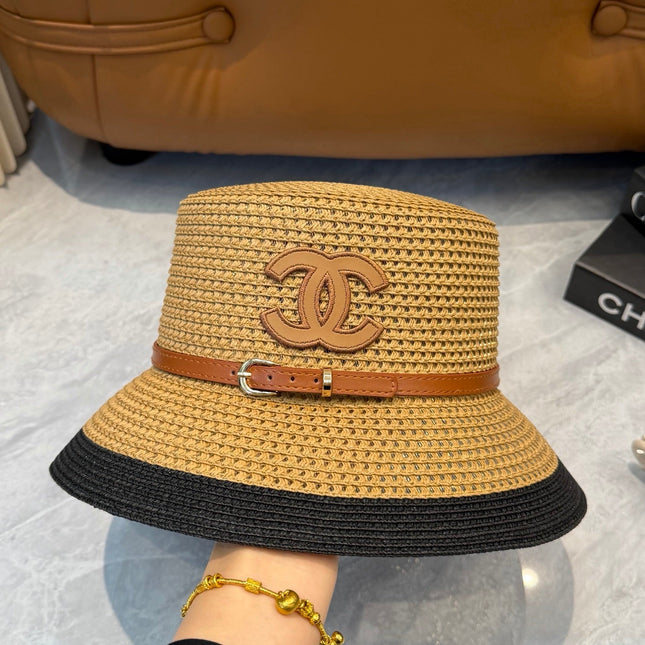 CHANEL 26S FLAT-BRIM STRAW HAT WITH RAISED CC LOGO 338108