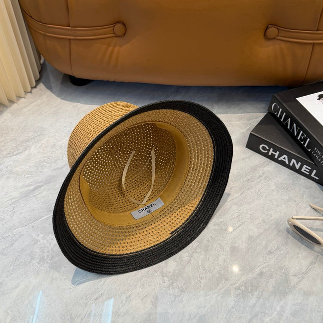 CHANEL 26S FLAT-BRIM STRAW HAT WITH RAISED CC LOGO 338108
