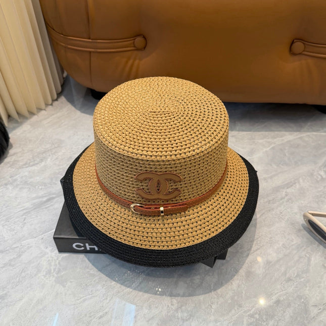CHANEL 26S FLAT-BRIM STRAW HAT WITH RAISED CC LOGO 338108