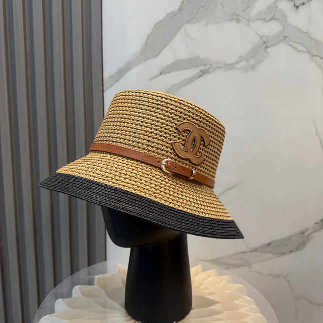 CHANEL 26S FLAT-BRIM STRAW HAT WITH RAISED CC LOGO 338108