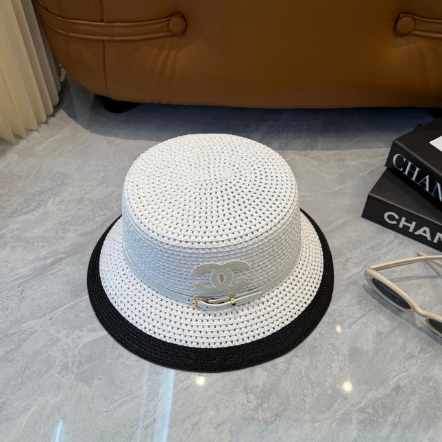 CHANEL 26S FLAT-BRIM STRAW HAT WITH RAISED CC LOGO 338109