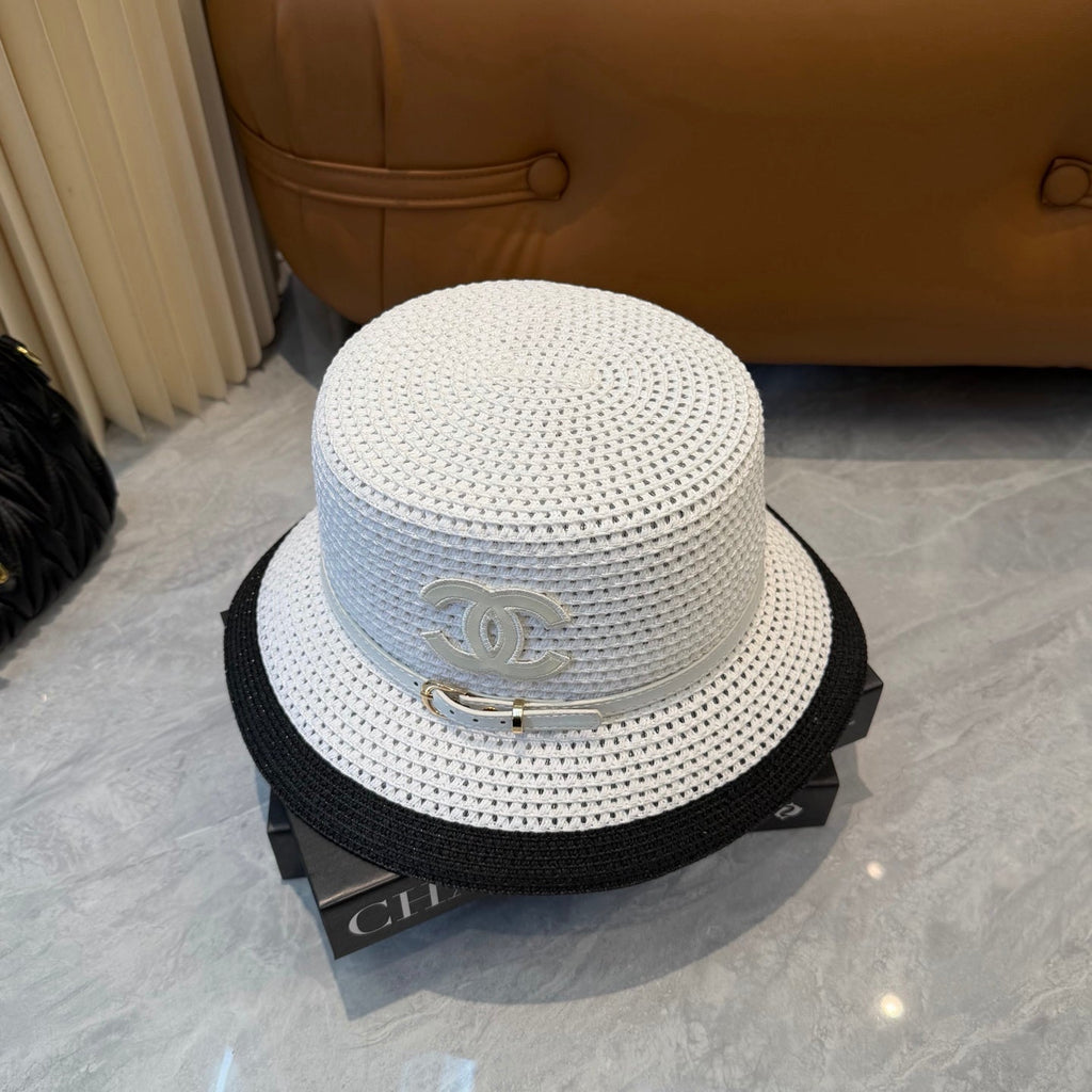 CHANEL 26S FLAT-BRIM STRAW HAT WITH RAISED CC LOGO 338109