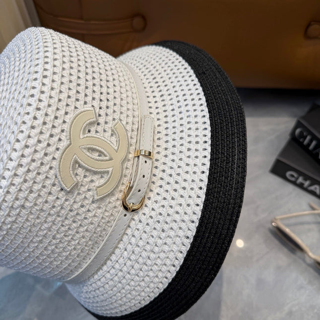 CHANEL 26S FLAT-BRIM STRAW HAT WITH RAISED CC LOGO 338109
