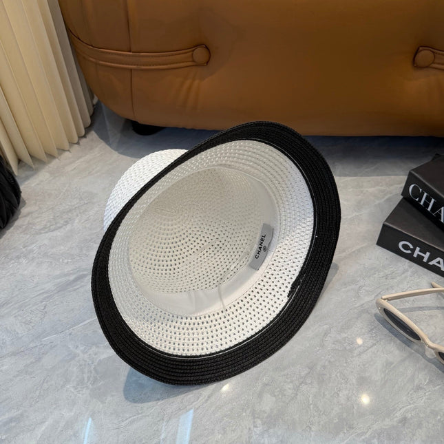 CHANEL 26S FLAT-BRIM STRAW HAT WITH RAISED CC LOGO 338109