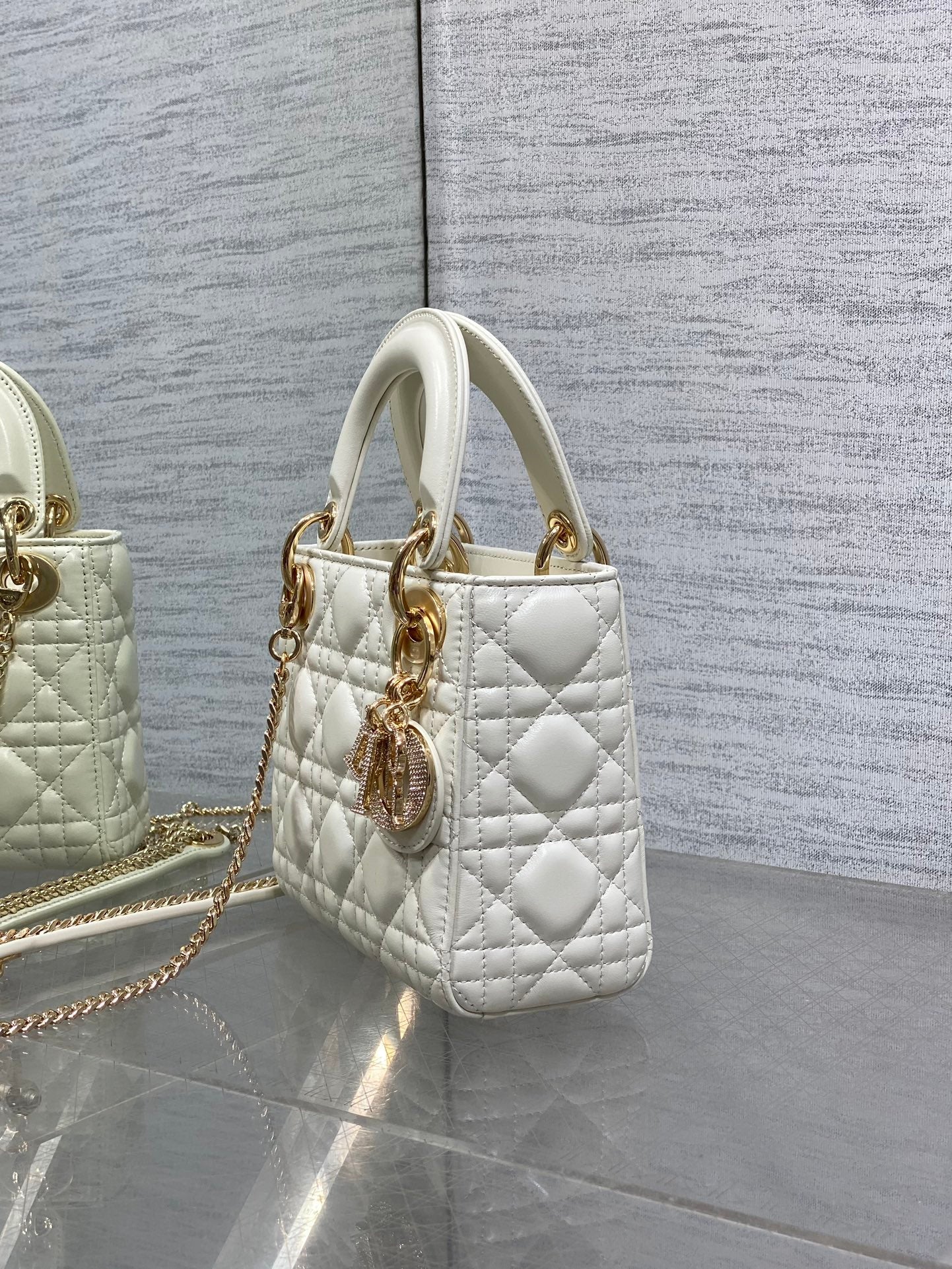 DIOR 25S MINI LADY DIOR BAG 17 IN IVORY CALFSKIN CHARM CRYSTAL EMBELLISHMENTS