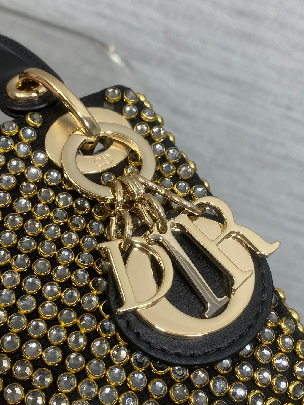 DIOR 25S MINI LADY D-LITE BAG 12 IN BLACK CANVAS AND CALFSKIN CRYSTAL-STUDDED