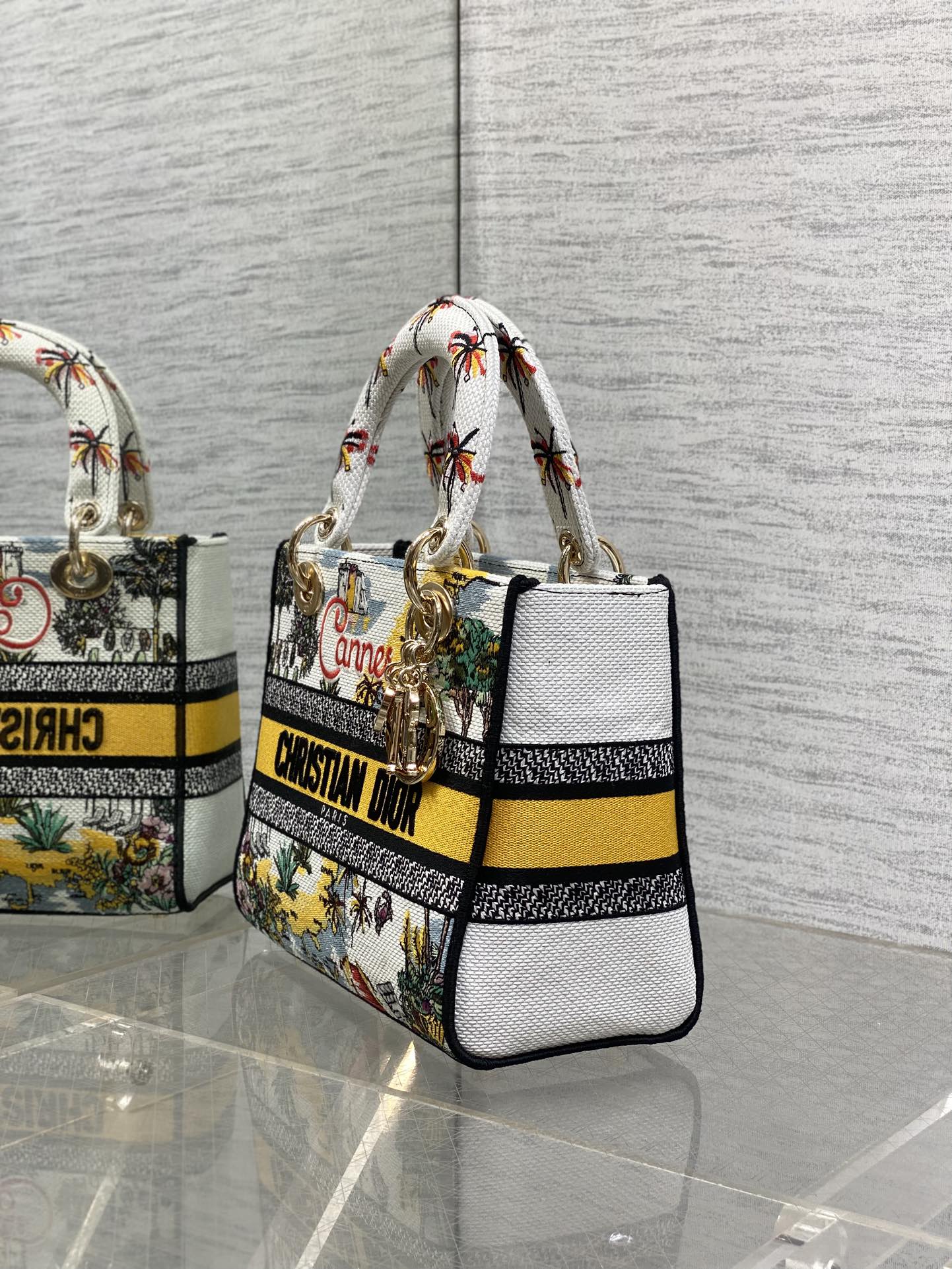 DIOR 25S SMALL LADY D-LITE BAG 24 IN YELLOW CANVAS DIOR CANNES