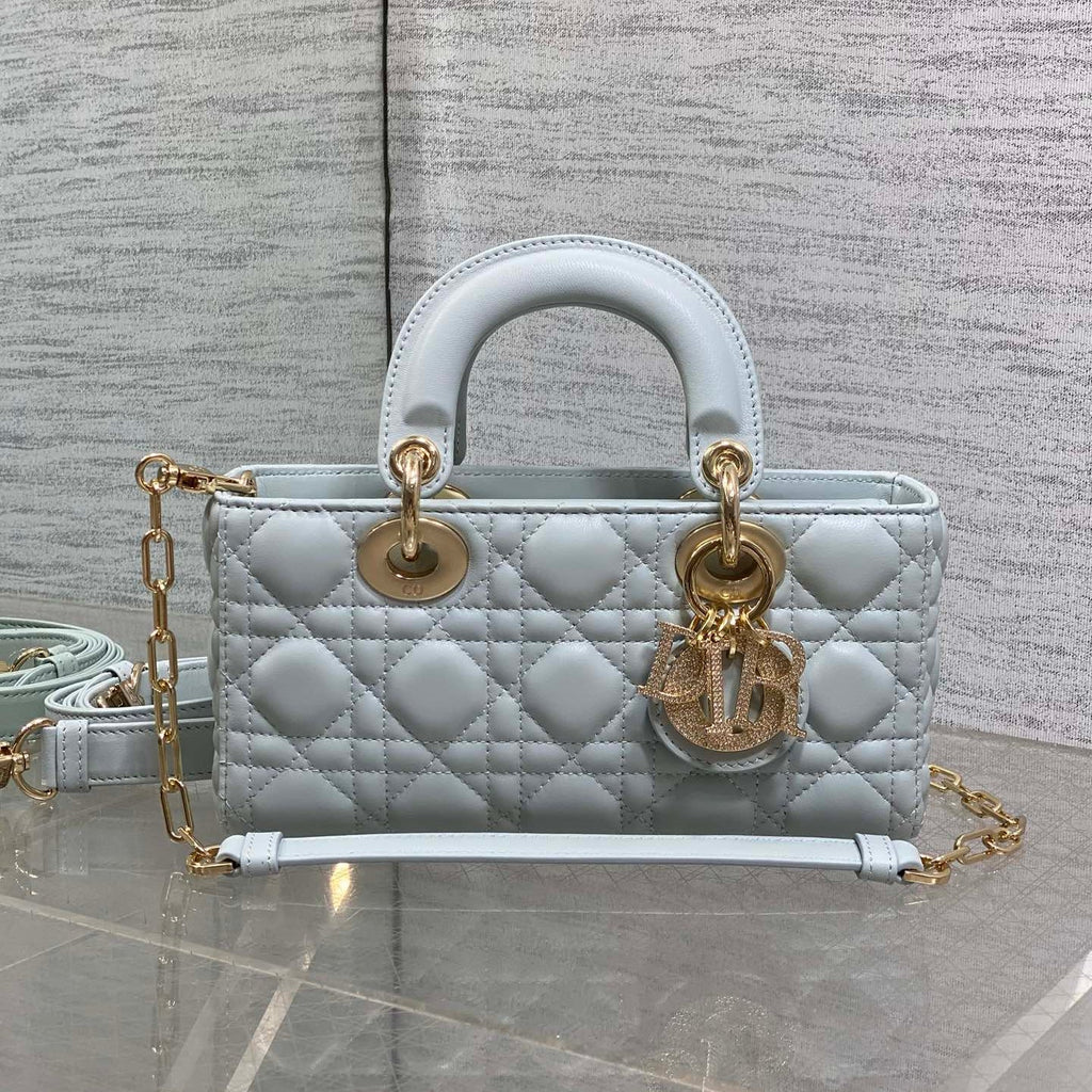 DIOR 25S SMALL LADY D‑JOY BAG 22 IN SHIRT BLUE CALFSKIN GOLD HARDWARE