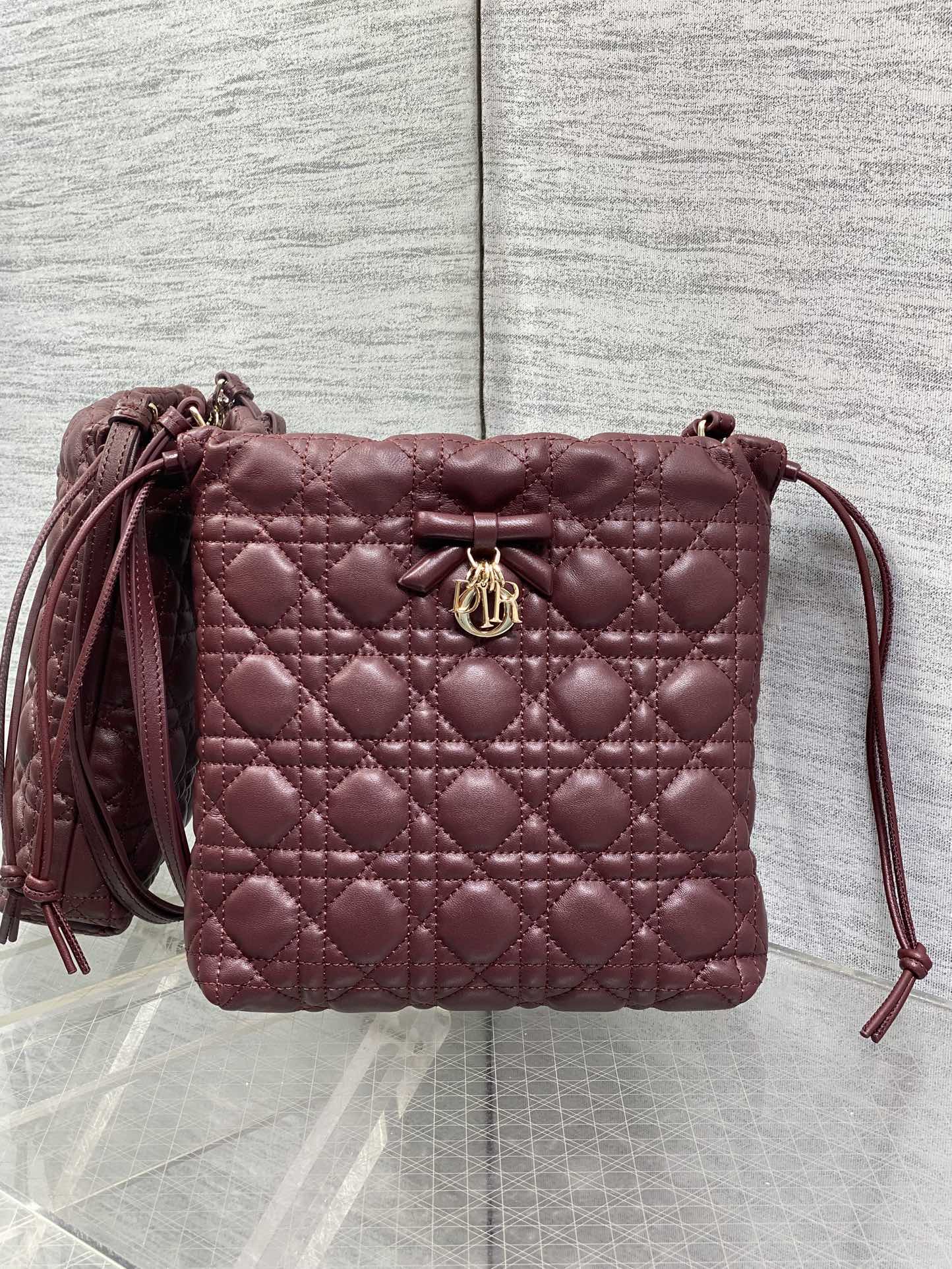 DIOR 26S ADIORABLE BUCKET BAG 20 IN BURGUNDY LAMBSKIN