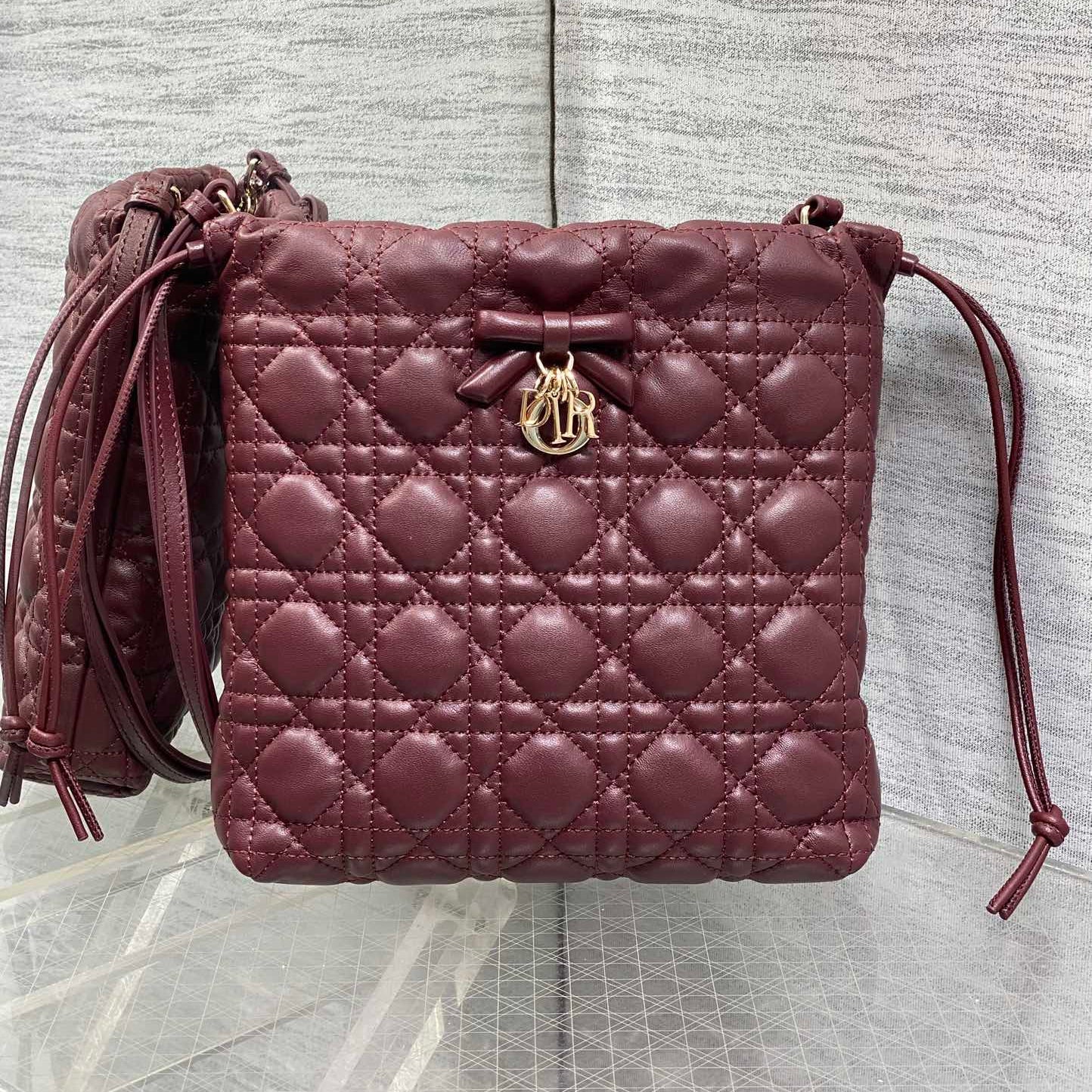 DIOR 26S ADIORABLE BUCKET BAG 20 IN BURGUNDY LAMBSKIN