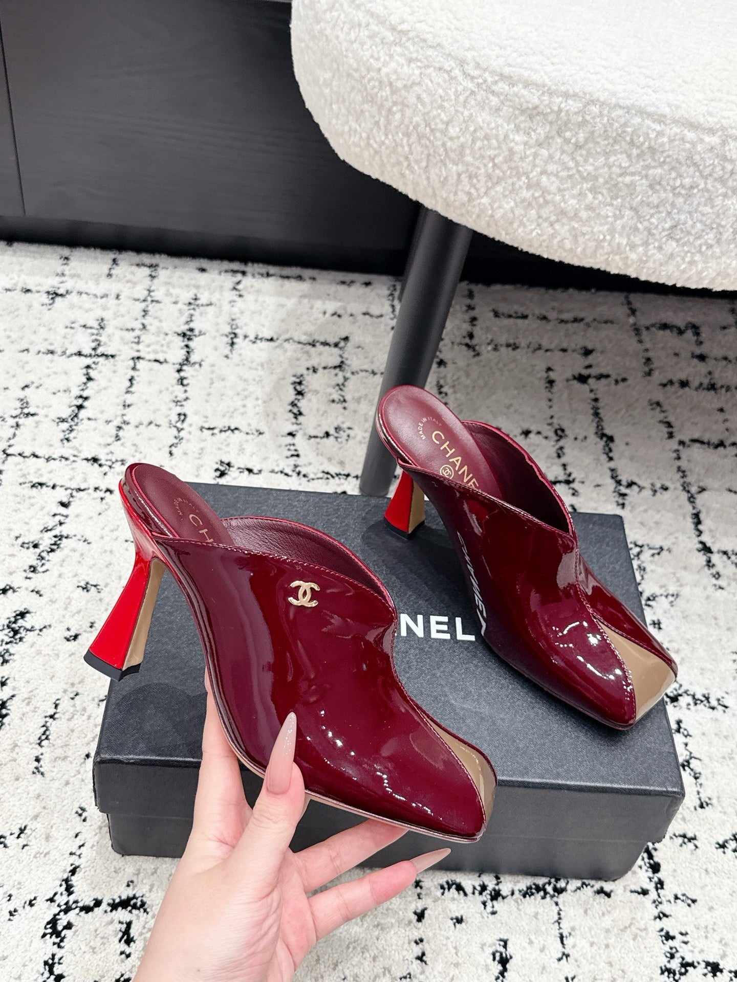 CHANEL 26S SQUARE-TOE HEELED MULES 95 MM IN MERLOT RED PATENT LAMBSKIN
