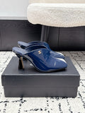 CHANEL 26S SQUARE-TOE HEELED MULES 95 MM IN CREAM MIX NAVY BLUE PATENT LAMBSKIN