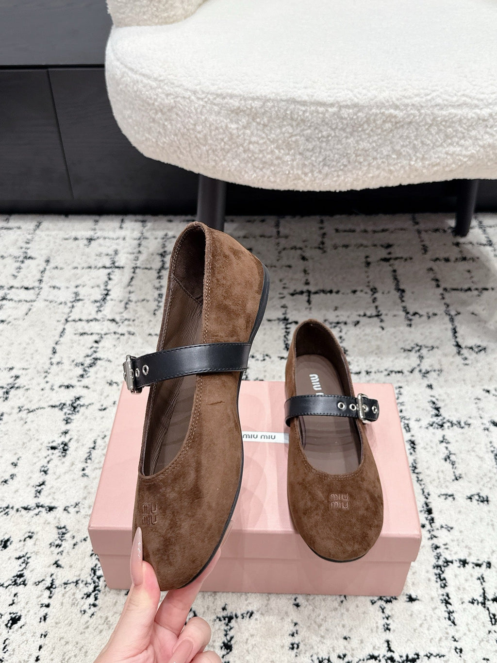 MIUMIU 26S BALLET FLATS IN DARK BROWN SUEDE