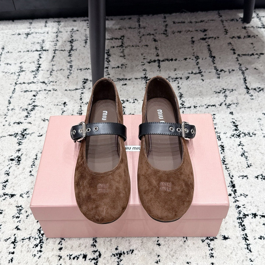 MIUMIU 26S BALLET FLATS IN DARK BROWN SUEDE