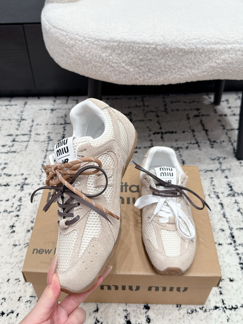 MIUMIU 26S SNEAKERS IN TAN BROWN SUEDE AND MESH FABRIC