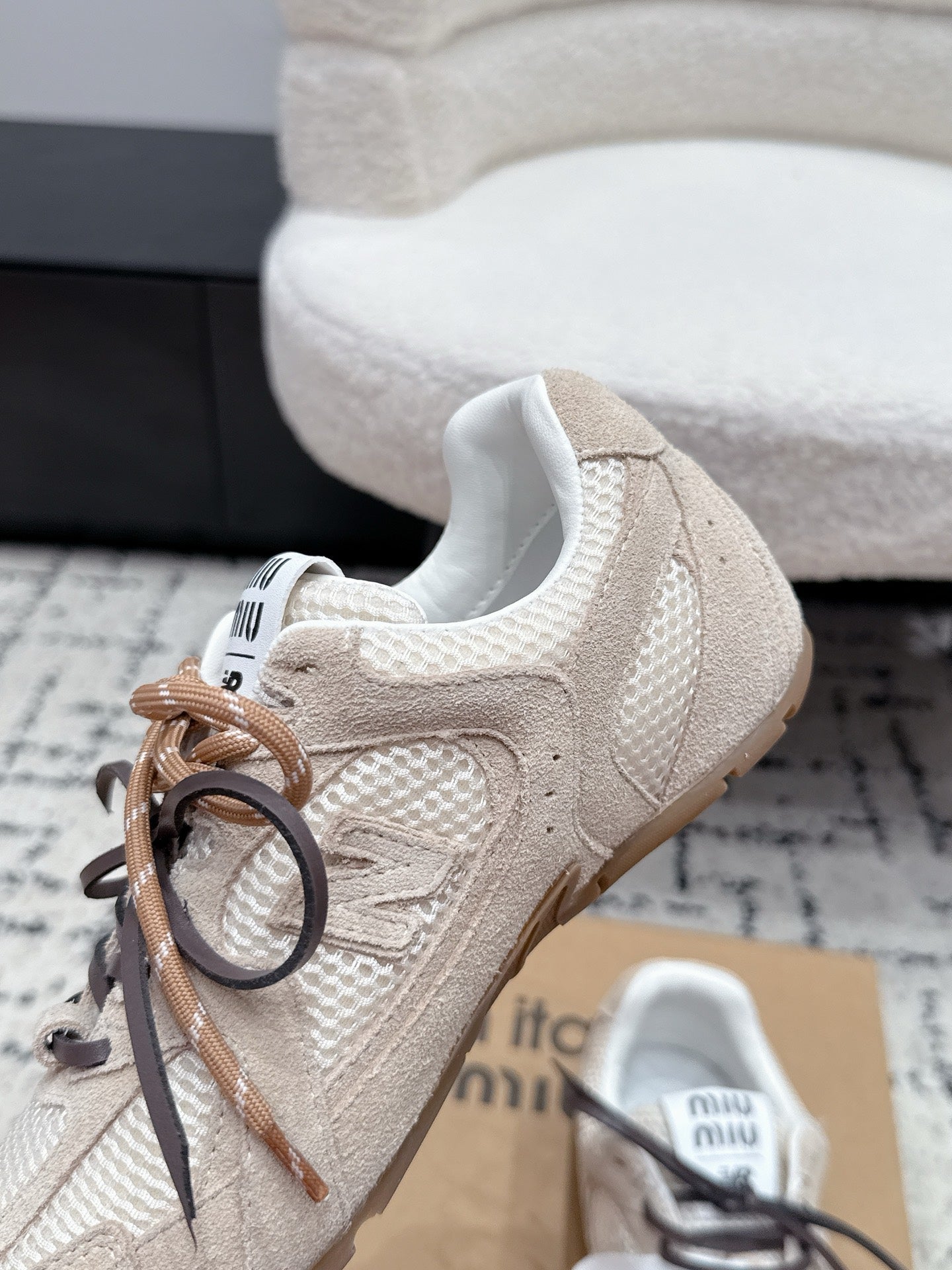 MIUMIU 26S SNEAKERS IN TAN BROWN SUEDE AND MESH FABRIC